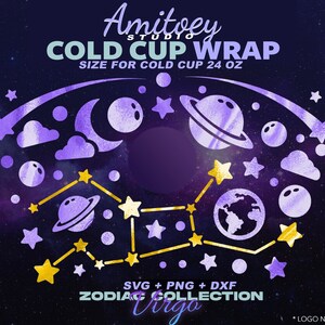 Maagd Zodiac Galaxy SVG volledige wrap, Universe Sky Star Saturnus voor Cold Cup 24 Oz | SVG, PNG, Dxf-bestanden digitale download.