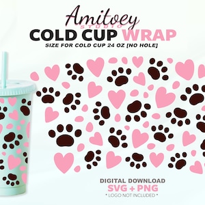 Pata de perro [Sin agujero] Corazón Envoltura completa SVG, Regalo de San Valentín Lovely Dogs for Cold Cup 24 Oz / SVG, PNG, Archivos Descarga digital.