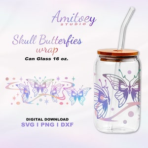 Schädel Flügel Schmetterlinge Full Wrap SVG für Dose Glas 16 oz. Fröhliches Halloween. l SVG, PNG, Dxf Dateien Digitaler Download.