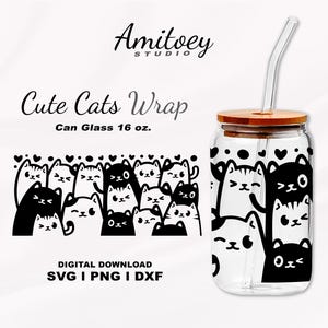 Gatos fofos, envoltório completo SVG para lata de vidro de 16 oz.l, arquivos SVG, PNG, Dxf para download digital.