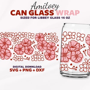 Nature Flowers Full Wrap SVG, Beer Can Blossom Pretty Flower Outline Can Glass para Libbey Glass 16 Oz l SVG, PNG, Dxf Descarga digital.