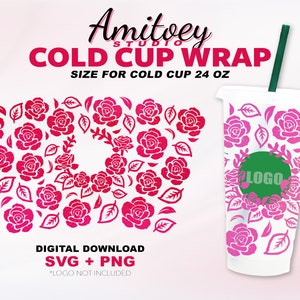 Roze bloemen SVG Full wrap Valentijnsdag thema gegeven aan liefhebbers Mooi voor Cold cup 24 Oz l SVG PNG Files Digitale download.
