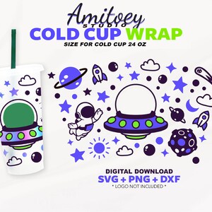 UFO Planeten Svg Full Wrap, Universe Star Galaxy Alien voor Cold Cup 24 Oz SVG, PNG, Dxf Files Digitale download.
