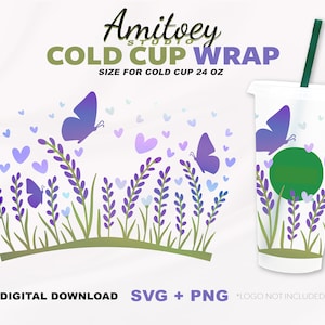 Lavender Flowers Full wrap SVG, Spring Autumn Beautiful Flowers Butterfly Blossom for Cold Cup 24 Oz l SVG, PNG files Digital download.