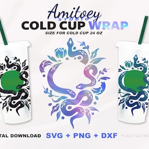 Snake SVG Full wrap, Snake en Flowers King Cobra Reptiles Serpent Animals voor Cold Cup 24 Oz | SVG, PNG, Dxf-bestanden Digitale download.