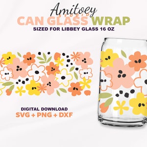 Flores Blossom envoltura completa SVG, lata de cerveza Nature Flower Gift for Love Can Glass for Libbey Glass 16 Oz SVG PNG Descarga digital para Cricut