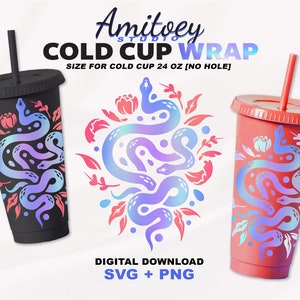 Snake [Geen gat] SVG Volledige wrap, Snake en Bloemen King Cobra Reptielen Serpent Dieren voor Cold Cup 24 Oz | SVG, PNG-bestanden Digitale download.