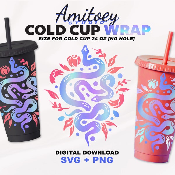 Snake [No hole] SVG Full wrap, Snake and Flowers King Cobra Reptiles Serpent Animals for Cold Cup 24 Oz | SVG, PNG Files Digital download.