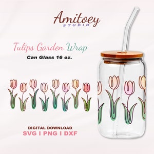 Tulip's einfache durchgehende Linie Full Wrap SVG für Libbey Glass 16 oz. Valentinstags-Blütenblumen. SVG, PNG, Dxf Dateien Digitaler Download.