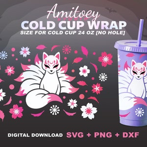Negenstaartvos [Geen gat] SVG Full Wrap, Halloween Fox Animal Sakura Bloemen voor Cold Cup 24 Oz | SVG, PNG, Dxf-bestanden Digitale download.