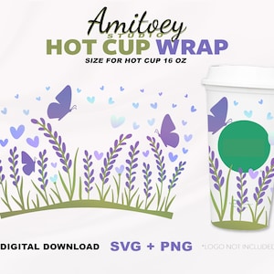 Lavender Flowers Full wrap SVG, Spring Autumn Beautiful Flowers Butterfly Blossom for Hot Cup 16 Oz l SVG, PNG files Digital download.