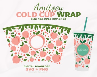 Peaches Full wrap SVG, Fruit, Peach, Fruits, Summer, Pink, Sweet, Sour for Cold Cup 24 Oz | SVG, PNG Files Digital Download.