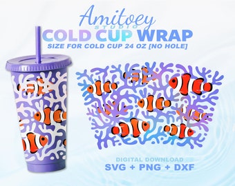 Coral and Clown Fish [No hole] SVG Full wrap, Underwater, Sea, and Ocean for Cold Cup 24 Oz | SVG, PNG, Dxf Files Digital Download.