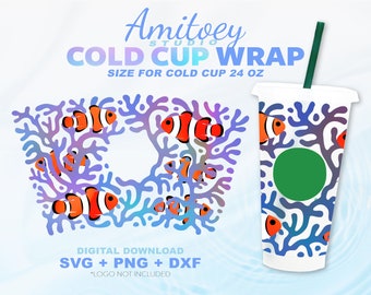 Coral and Clown Fish SVG Full wrap, Underwater, Sea, and Ocean for Cold Cup 24 Oz | SVG, PNG, Dxf Files Digital Download.