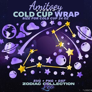 Leo Zodiac Galaxy SVG volledige wrap, Universe Sky Star Saturn voor Cold Cup 24 Oz | SVG, PNG, Dxf-bestanden digitale download.