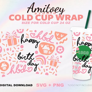 Buon compleanno SVG Involucro completo, regali di compleanno presenti Cupcake Party per Cold Cup 24 Oz / SVG, file PNG Download digitale.