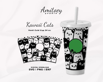 Kawaii Cats Full Wrap for 24oz Venti Cold Cup, SVG PNG DXF (Digital Download)