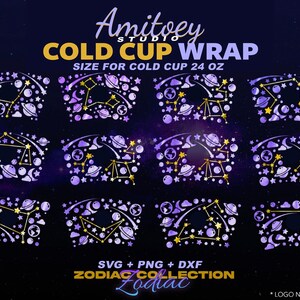 Zodiac Collection Galaxy SVG Volledige wrap, Universe Sky Star Saturn voor Cold Cup 24 Oz | SVG, PNG, Dxf-bestanden digitale download.