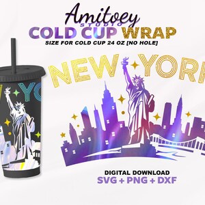 Nova York NYC EUA [Sem buraco] Svg Envoltório completo, Estátua da Liberdade para Cold Cup 24 onças l SVG, PNG, Dfx Files Download digital.