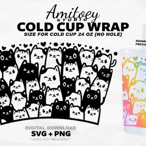 Niedliche Katzen Full Wrap für kalte Tasse 24 oz. [Kein Loch] Tier, Geschenke für Liebe, Katzenliebhaber, Kätzchen, Haustier l SVG, PNG Dateien digitaler Download.
