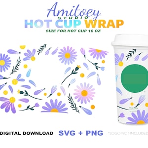 Daisy Purple Full wrap SVG, Flowers Blossom Spring Autumn Summer for Hot Cup 16 Oz | SVG, PNG files for Digital download.