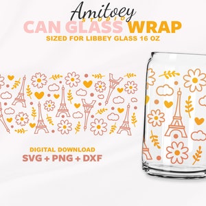 Paris Tour Eiffel Love Beer Can Full wrap SVG Romance France Flower Can Glass pour Libbey Glass 16 oz SVG PNG Téléchargement numérique pour Cricut