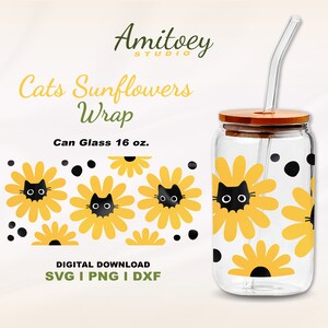 Sunflowers and Black Cats Full Wrap SVG for Can Glass 16 Oz. SVG, PNG ...