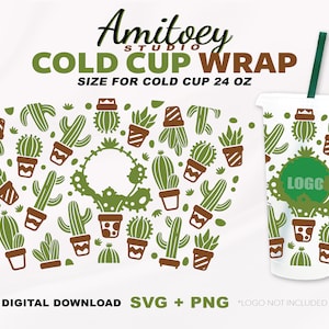Cactus SVG Full wrap, Cute Tree Cactus Ornamental Plants for Cold Cup 24 Oz | SVG, PNG files Digital download.