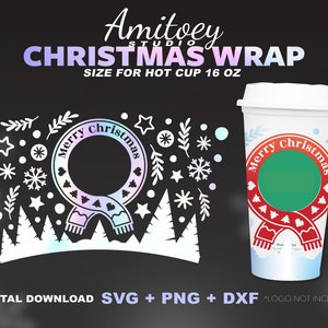 メリー クリスマス スカーフ SVG フル ラップ、クリスマス テーマ ハッピー ホリデー ギフト 冬の雪 ホット カップ 16 オンス l SVG、PNG ファイル デジタル ダウンロード。
