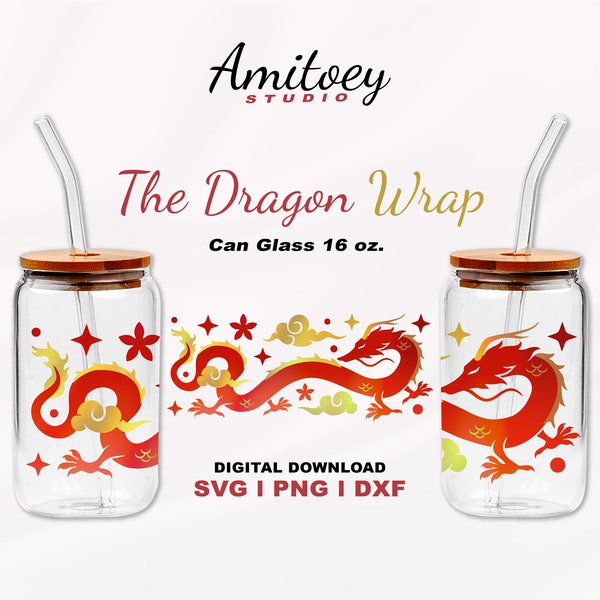 The Dragon SVG Full Wrap for Libbey Glass 16 oz. Happy New Year and Year of the Dragon. l SVG, PNG, Dxf Files Digital download.