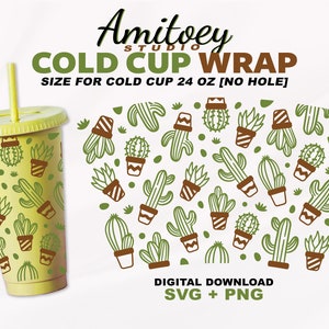 Cactus [Sin agujero] SVG Envoltura completa, Cute Tree Cactus Plantas ornamentales para Cold Cup 24 Oz / SVG, archivos PNG Descarga digital.