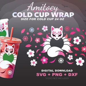 Negenstaartvos SVG Full Wrap, Halloween Fox Animal Sakura Flowers voor Cold Cup 24 Oz | SVG, PNG, Dxf-bestanden Digitale download.