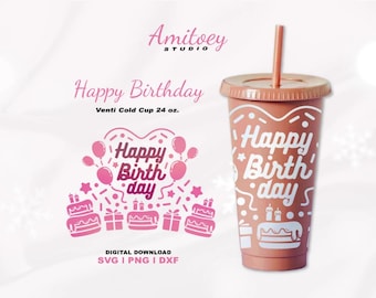 Happy Birthday Wrap SVG for 24oz Venti Cold Cup, Birthday Party (Digital Download)