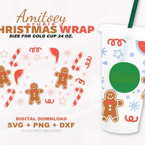 Christmas Full wrap SVG for Cold Cup 24 oz. Candy canes, Gingerbread, and Christmas hats l SVG, PNG, Dxf Files Digital download.