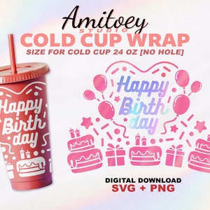 Buon compleanno [Nessun buco] SVG Involucro completo, Regalo di compleanno Torta Festa Presente per Cold Cup 24 Oz / SVG, File PNG Download digitale.