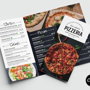 Menú elegante de pizzería en Canva // Plantilla de menú de pizza tríptico // Plantilla de menú tríptico en Canva // Plantilla de menú tríptico en Canva para restaurante