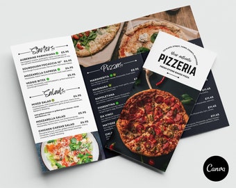 Modèle de menu de pizzeria en trois volets : conception de restaurant Canva (téléchargement numérique)