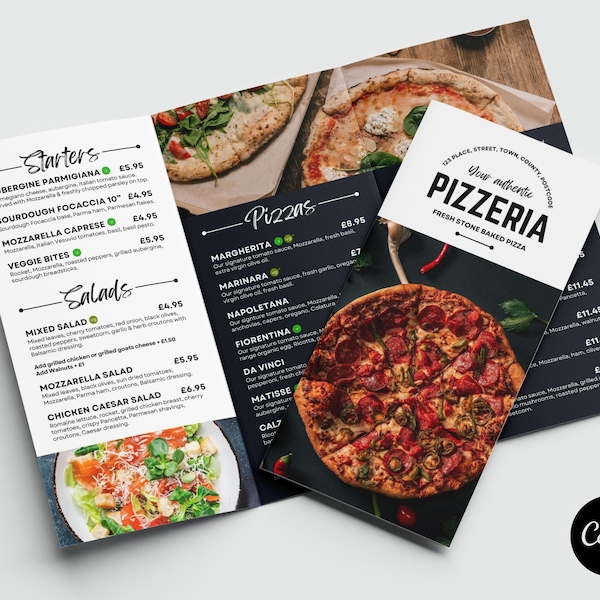 Stylish Canva Pizzeria Menu // Tri-Fold Pizza Menu Template // Tri-Fold Canva Menu Template // Tri-Fold Restaurant Canva Template