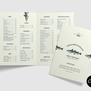 Menú de pescado y patatas fritas plegable de Canva // Plantilla de menú de mariscos plegable // Plantilla de menú de restaurante de Canva // Plantilla de Canva de 2 caras