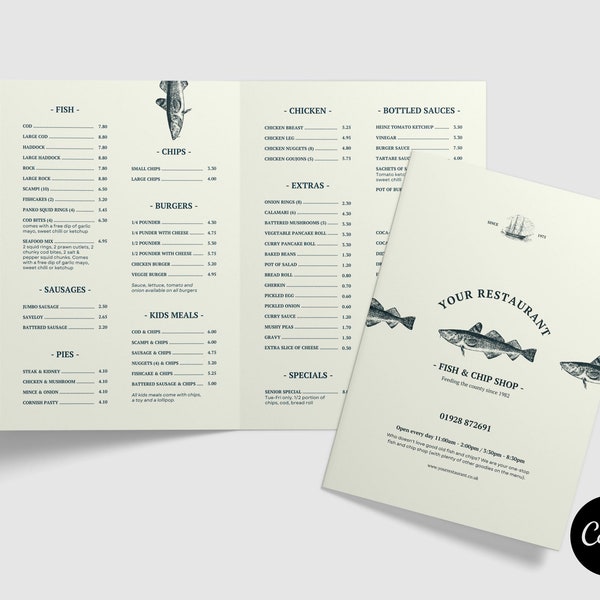 Canva Bi-Fold Fish & Chips Menu // Folded Seafood Menu Template // Canva Restaurant Menu Template // 2 Sided Canva Template