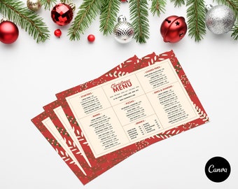 Könnte beinhalten: Eine Weihnachtskarte mit rotem und weißem Hintergrund und einem festlichen Design aus Stechpalmen und Blättern. Die Karte enthält Abschnitte für Vorspeisen, Hauptgerichte, Pizzen, Beilagen und zum Teilen, Getränke und leckere Pommes. Der Text ist in roter Schrift mit weißem Rand.