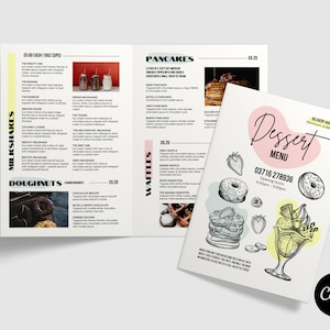 Menu dessert bi-fold Canva // Modello menu budino piegato // Modello menu gelato Canva // Modello Canva piegato a metà