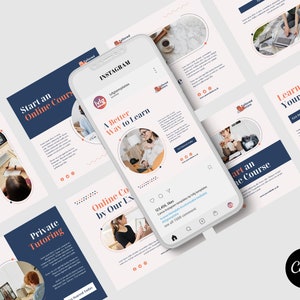 Paquete empresarial de tutoría en línea de Canva de publicaciones sociales / Conjunto de publicaciones sociales de Canva / Publicaciones sociales de tutores / Conjunto de 9 publicaciones sociales