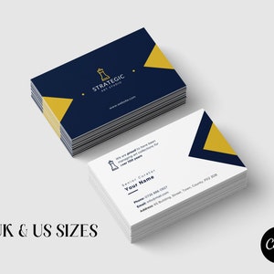 May include: A stack of business cards with a navy blue background and a gold triangle. The card features a logo of a chess piece and the text "Strategic Art Studio" and "www.website.com". The back of the card has the text "We are proud to have been managing art collections for over 100 years." and "Senior Curator Your Name".