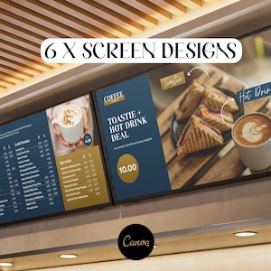 May include: Two digital menu boards mounted on a wall display coffee shop offerings. The left screen lists hot and cold drinks with prices. The right screen features a toastie and hot drink deal, showcasing a sandwich and a latte with latte art.