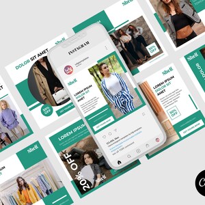 May include: A collection of Instagram story templates with a green and white color scheme. The templates feature a variety of images, including people wearing clothing, and text that says "Lorem Ipsum Dolor Sit Amet", "Get Your Now", "50% Off", "20% Off", and "Shelf".