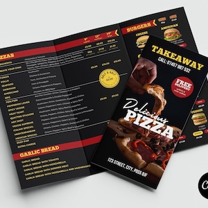 Menú de pizza para llevar de Canva // Plantilla de menú de comida rápida tríptico // Plantilla de menú de comida para llevar de Canva tríptico // Plantilla de Canva de restaurante tríptico