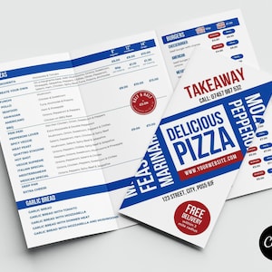 Menú de comida rápida de pizza Canva // Plantilla de menú tríptico para llevar // Plantilla de menú tríptico de pizza para llevar // Plantilla de Canva de pizzería tríptico