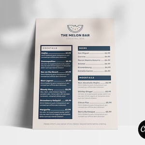 Menu Menu Boissons // Modèle de Menu Cocktail // Modèle de Menu Canva Bar // Modèle Canva Simple Face