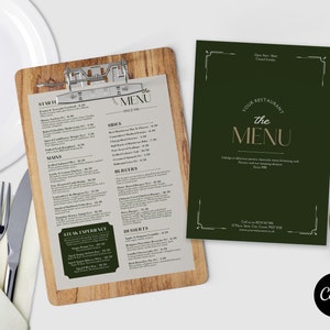 May include: A green and gold menu with the text "Your Restaurant the Menu" and the words "Indulge in delicious starters, beautifully made mains with flavour and our tempting desserts. Since 1988."  The menu is on a wooden clipboard with a white background.